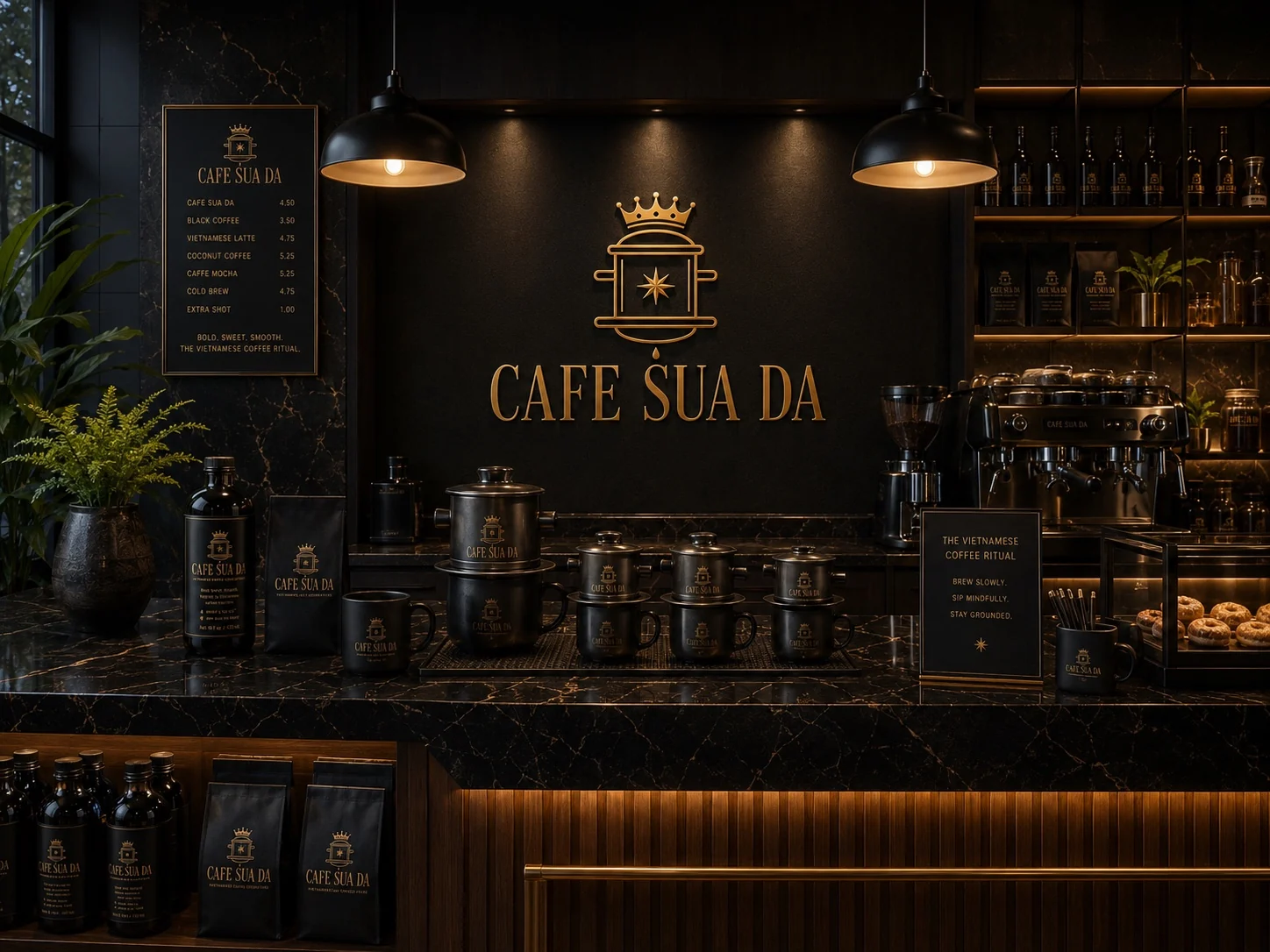 Cafe counter with CAFE SUA DA ritual setup
